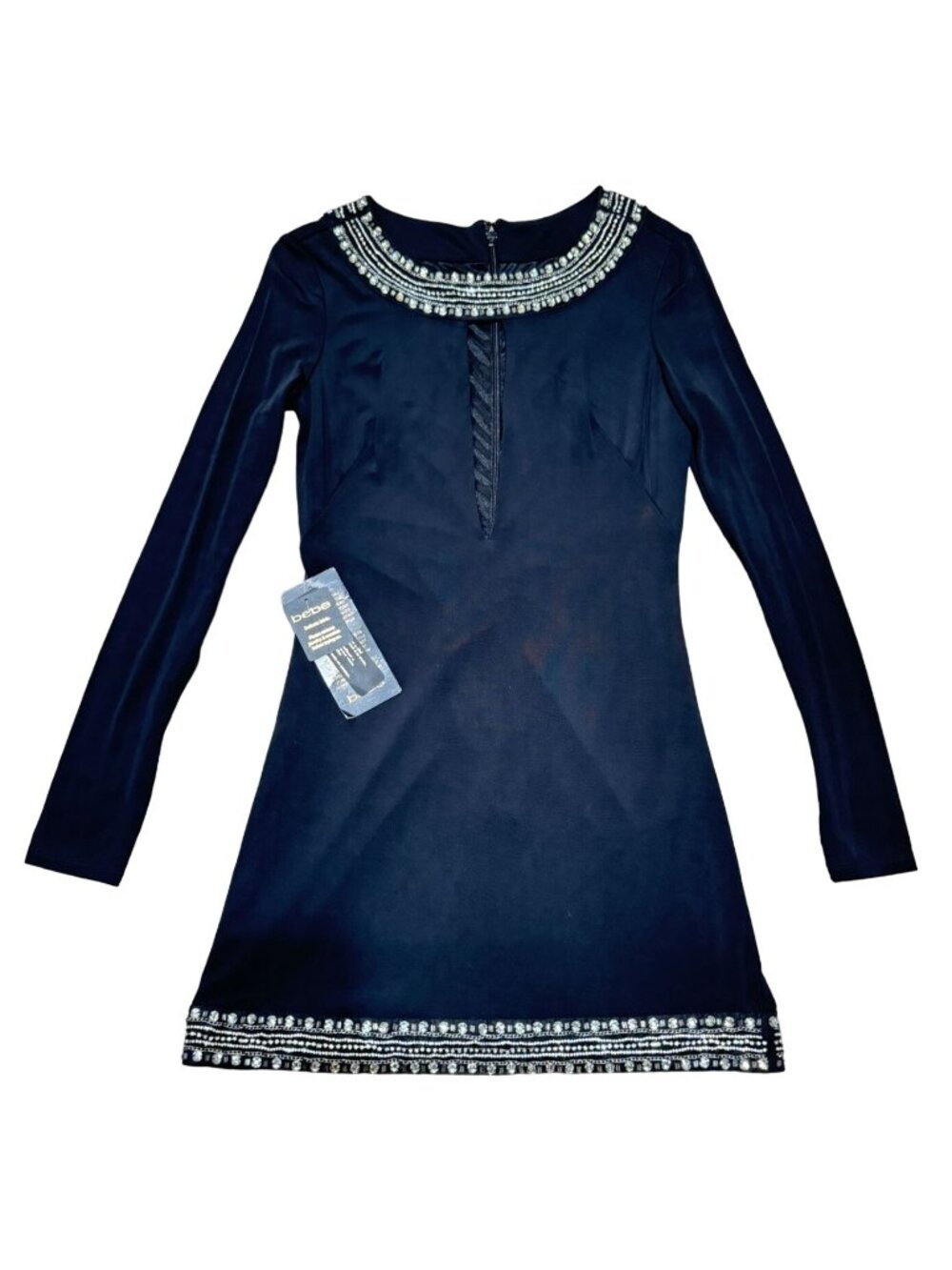 NWT Bebe Plunging Keyhole Beaded Mini Dress Black SZ S Hand Embellished Womens